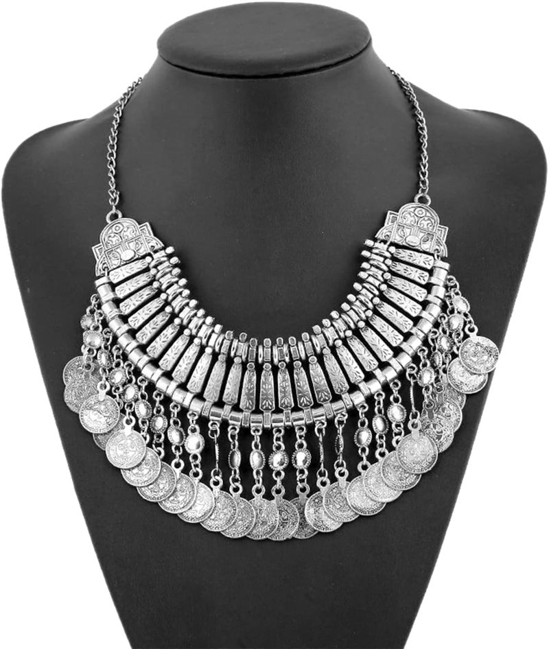 CCBFY Long Tassel Chunky Boho Coin Statement Necklace For Women Silver - Image 2